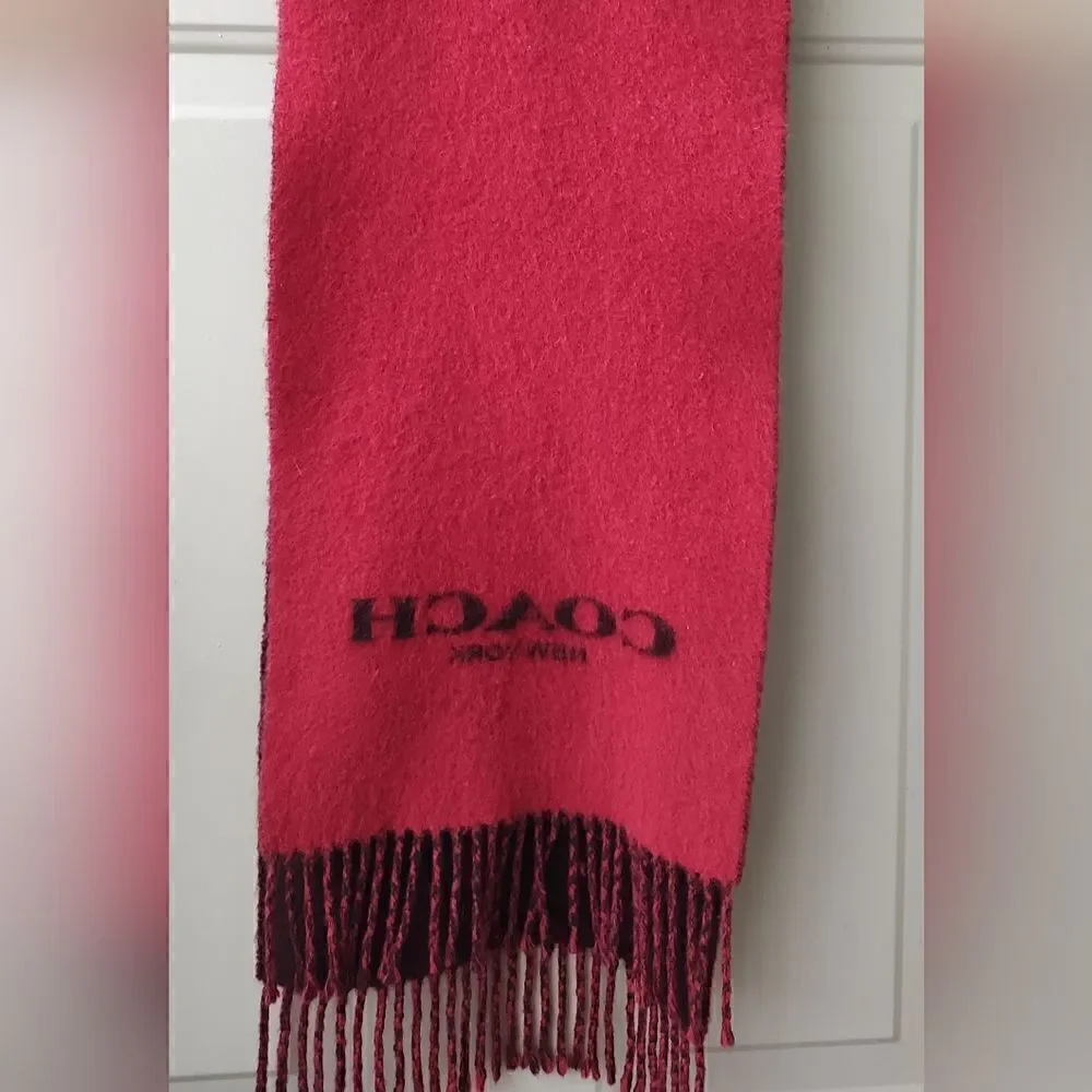 Authentic COACH 95% Wool 5% Cashmere Red & Charcoal Reversible Oblong Scarf